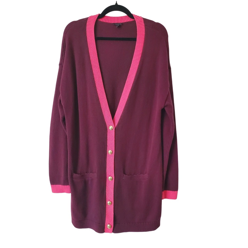 Talbots Womens L Cardigan Sweater Colorblock Gold Buttons V-Neck Cotton